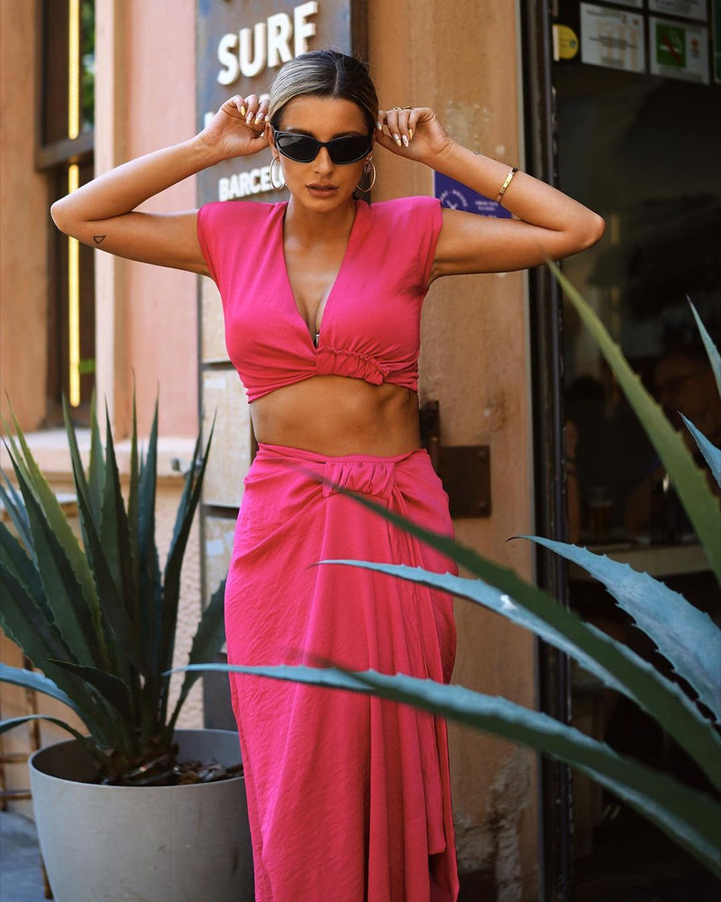 Fuchsia set with knotted top and midi skirt