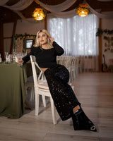 Black sequin embellished high-waist trousers