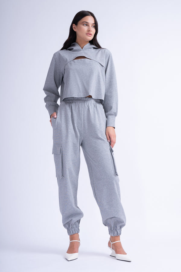 Grey Matching Set With Cut-Out Hoodie And Cargo Pants