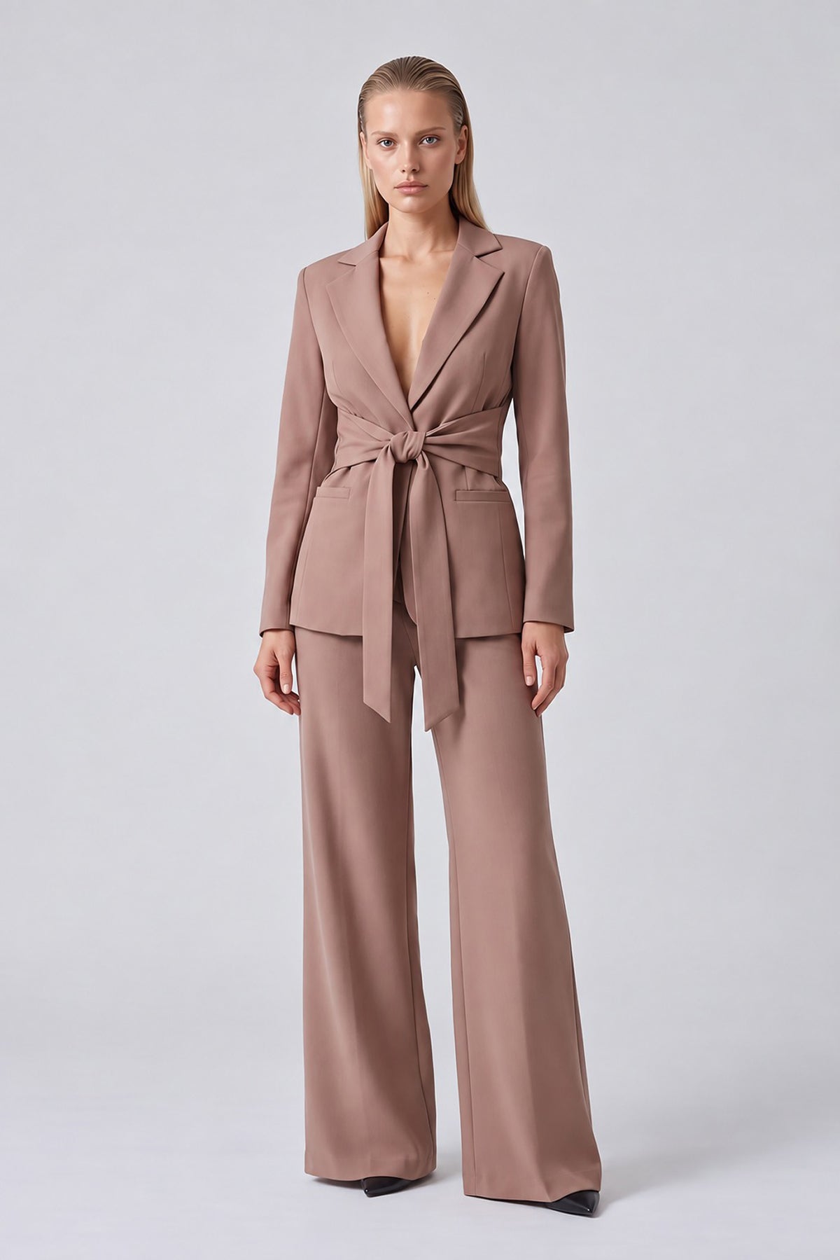 Dusty Pink Suit with Belted Blazer and Wide-Leg Trousers