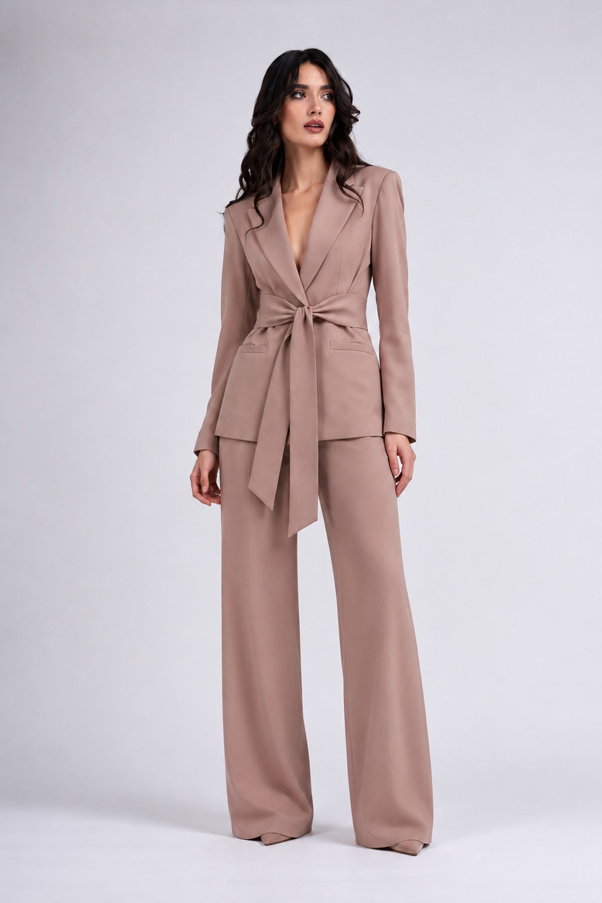 Dusty Pink Suit with Belted Blazer and Wide-Leg Trousers