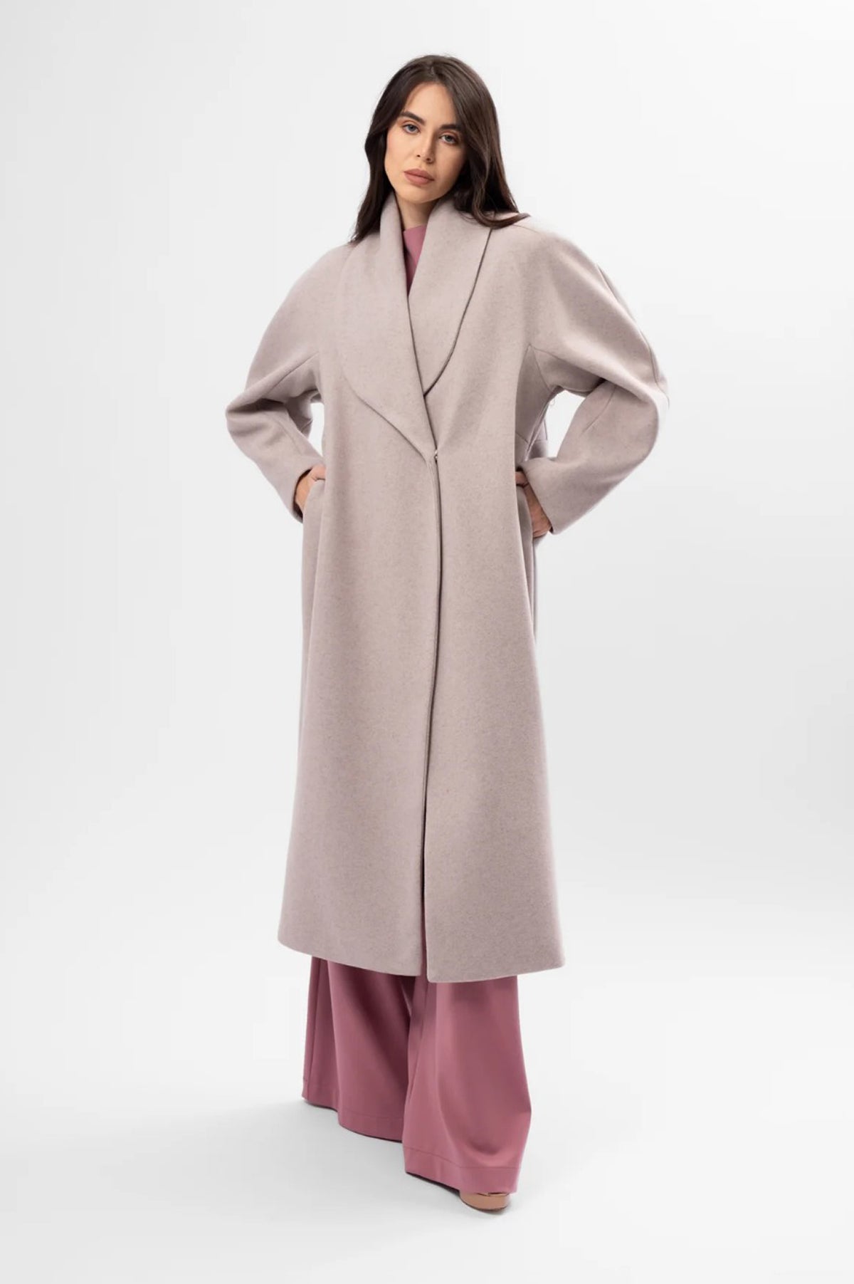 Long taupe cream coat with belt and wide lapel