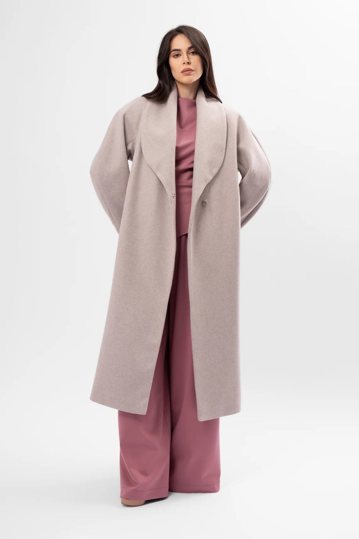 Long taupe cream coat with belt and wide lapel