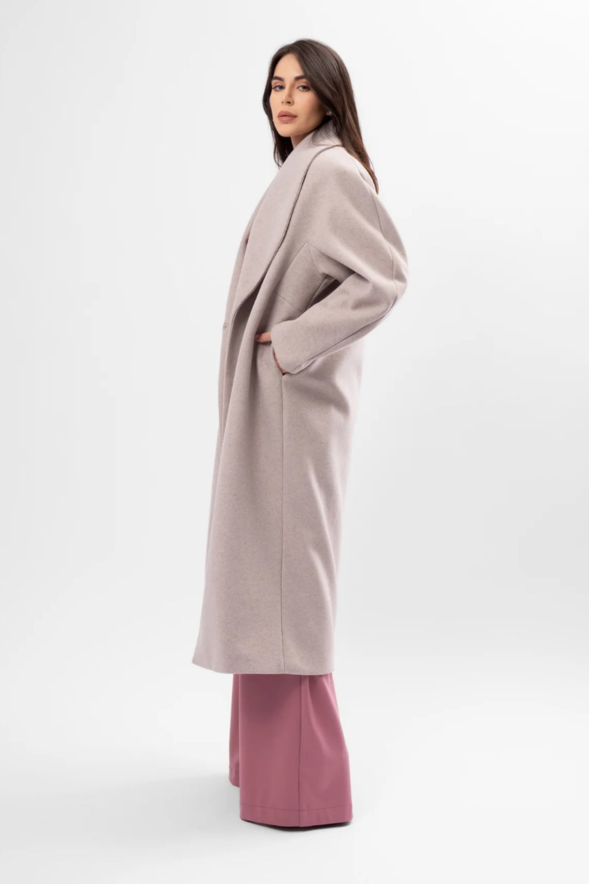 Long taupe cream coat with belt and wide lapel