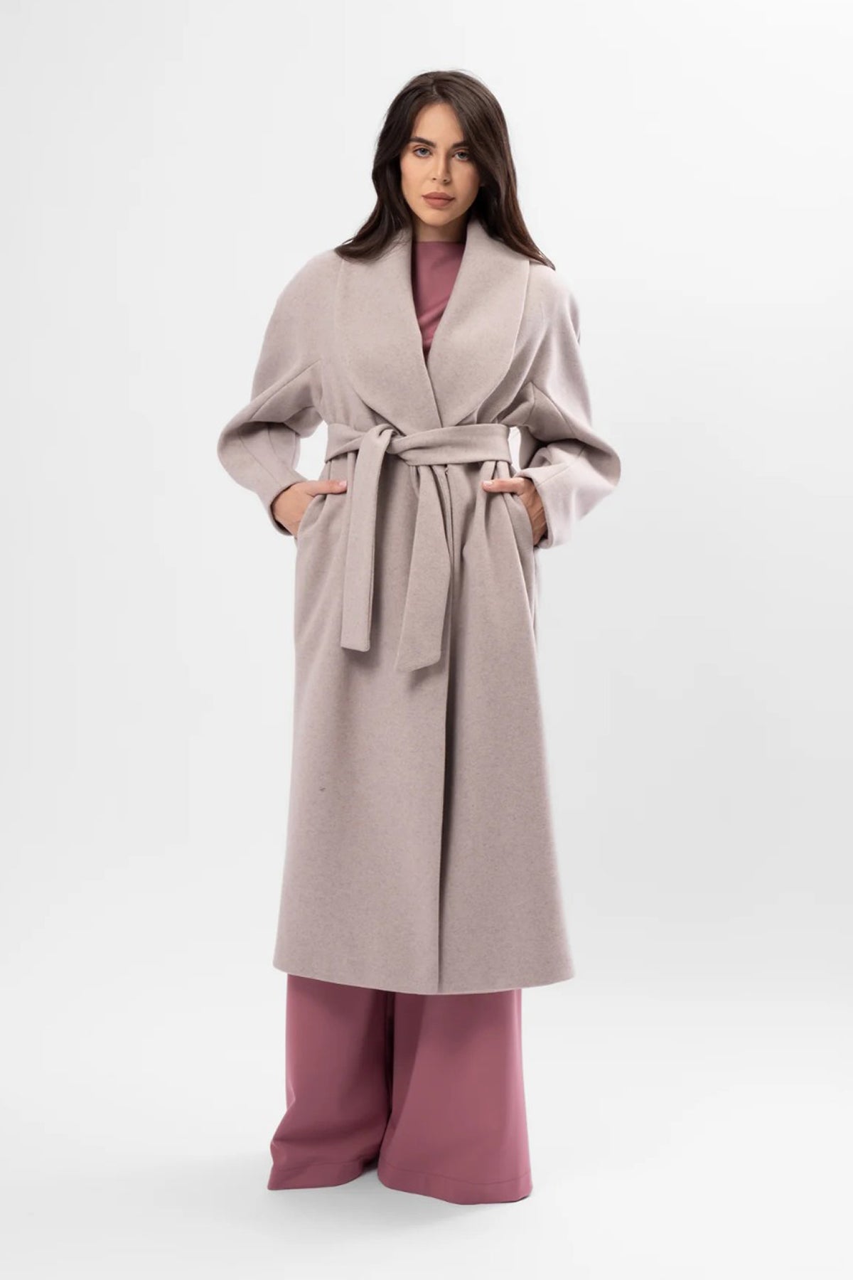 Long taupe cream coat with belt and wide lapel