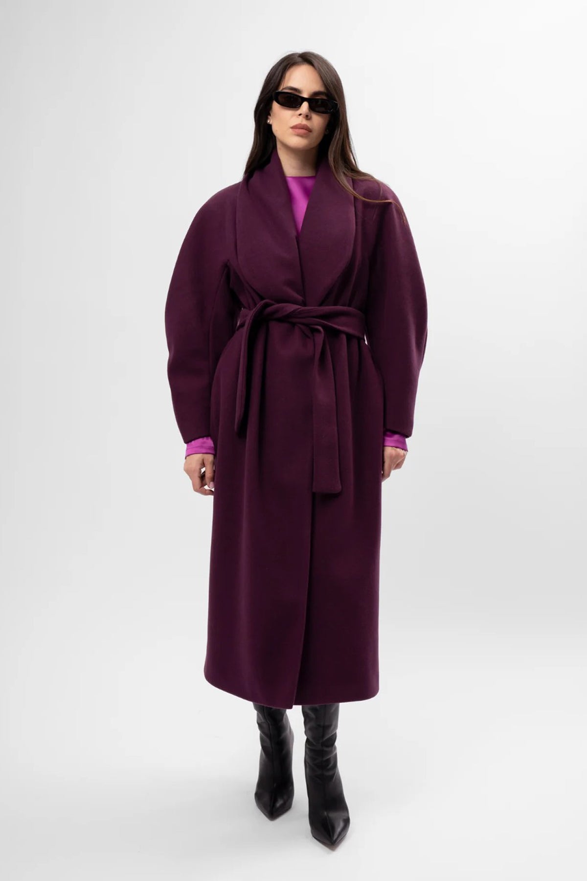 Long plum-purple coat with belt and wide lapel
