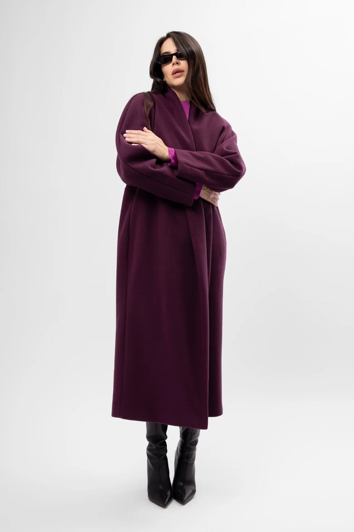 Long plum-purple coat with belt and wide lapel