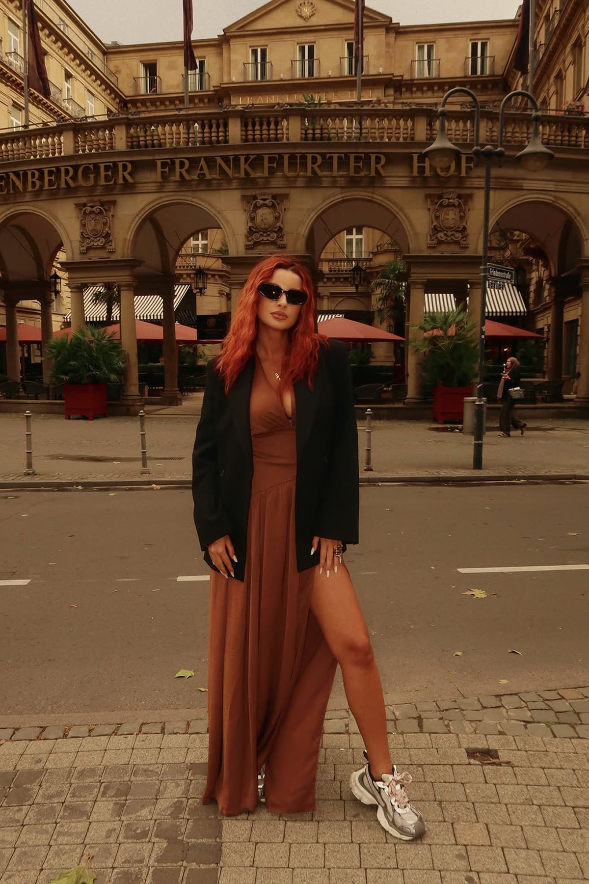 Chocolate Brown Maxi Dress with Defined Waist and Side Slit