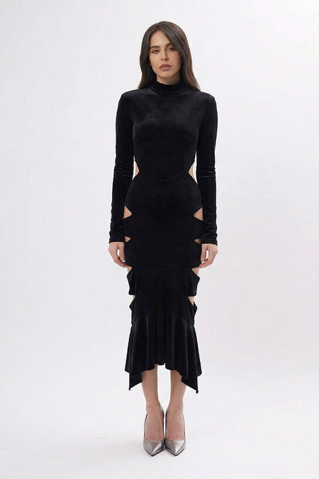 Rochie Neagra din Catifea Midi cu Decupaje și Volan Asimetric 