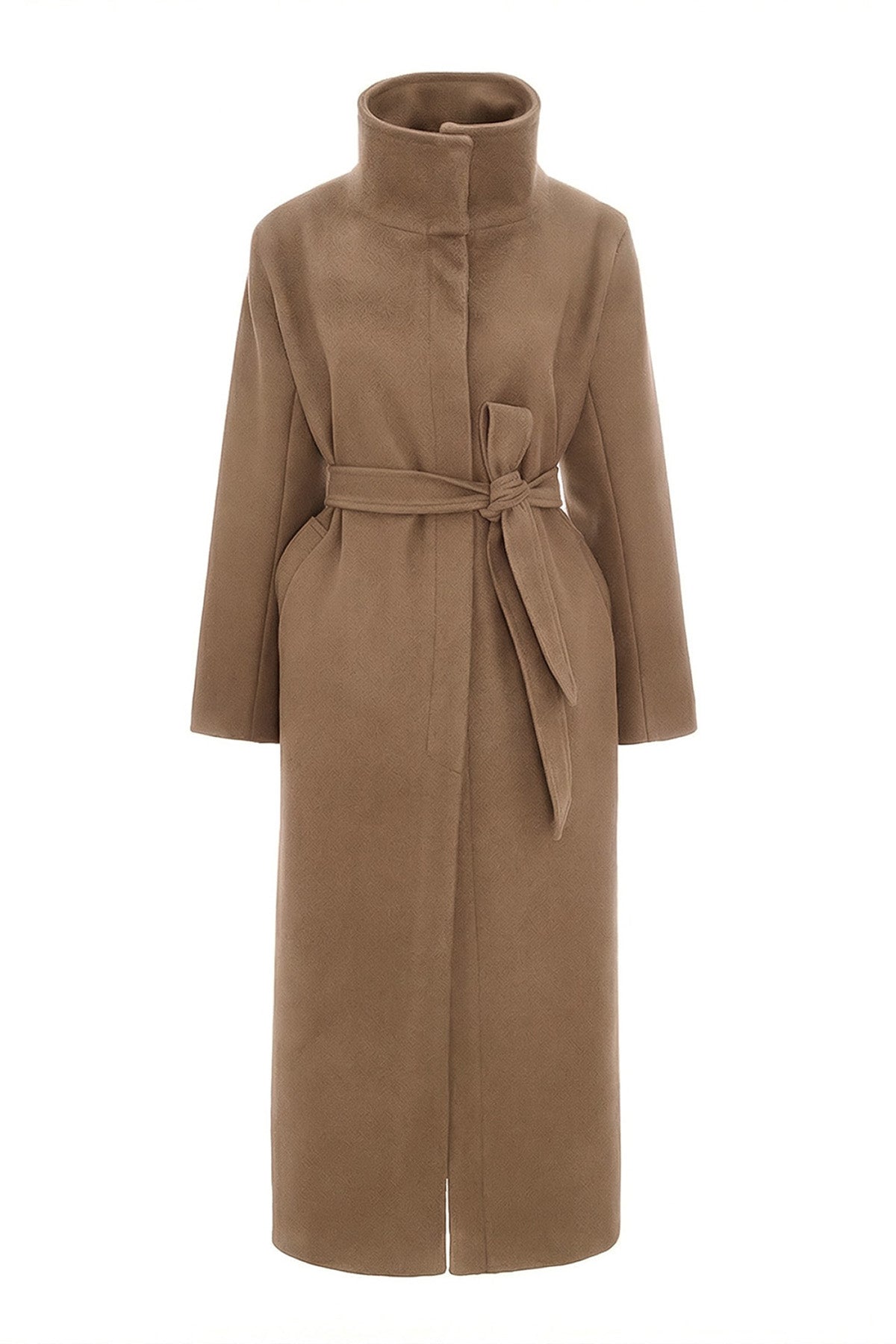 Long Camel Coat with High Collar