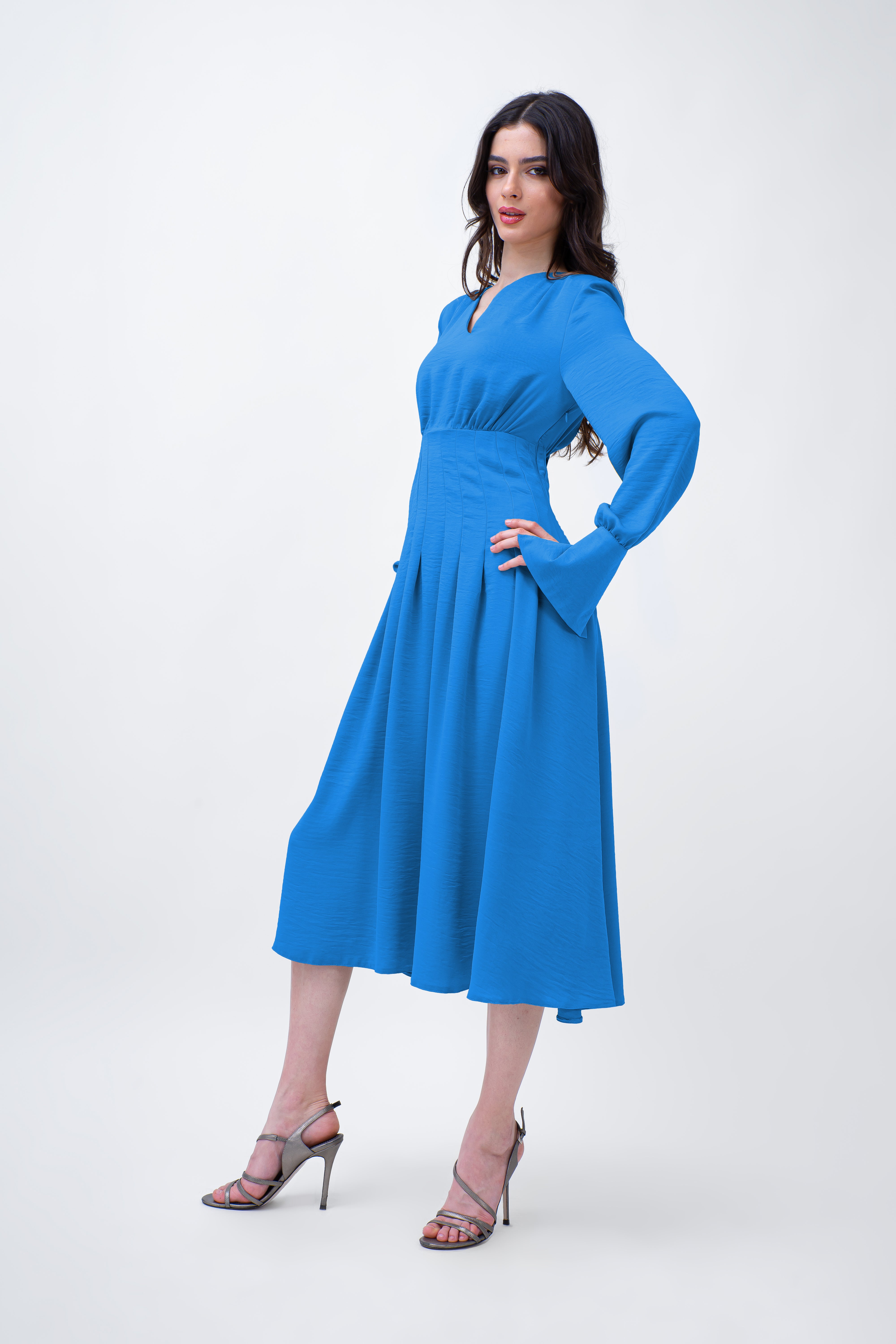 Baby Blue Midi Dress With Pleats And Asymmetrical Cut Neck