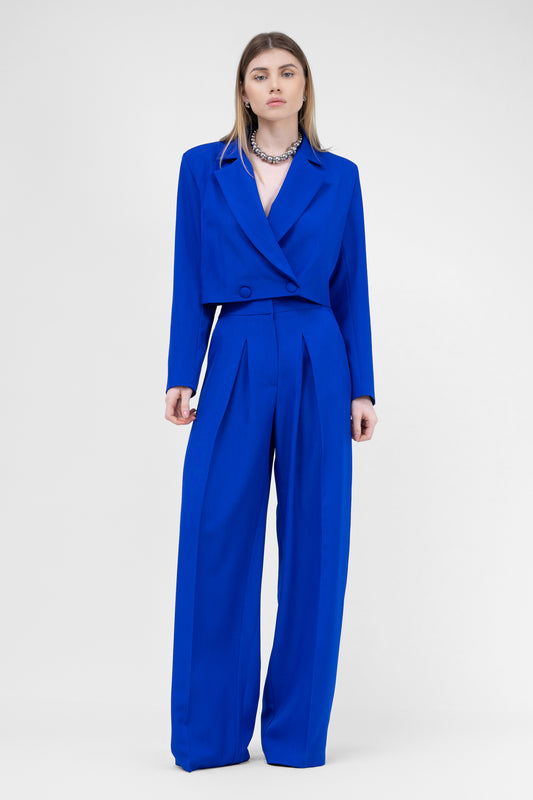 Electric Blue Suit With Cropped Blazer And Ultra Wide Leg Trousers