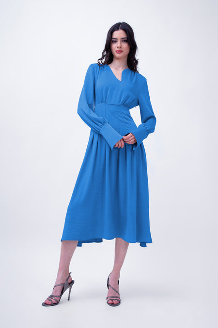 Baby Blue Midi Dress With Pleats And Asymmetrical Cut Neck