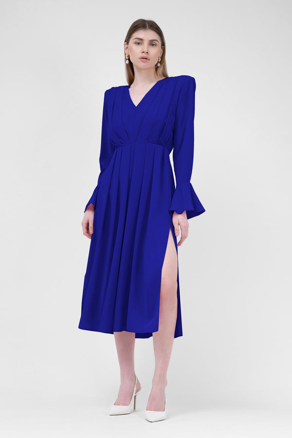 Electric Blue Midi Dress With Pleats And Proeminent Shoulders