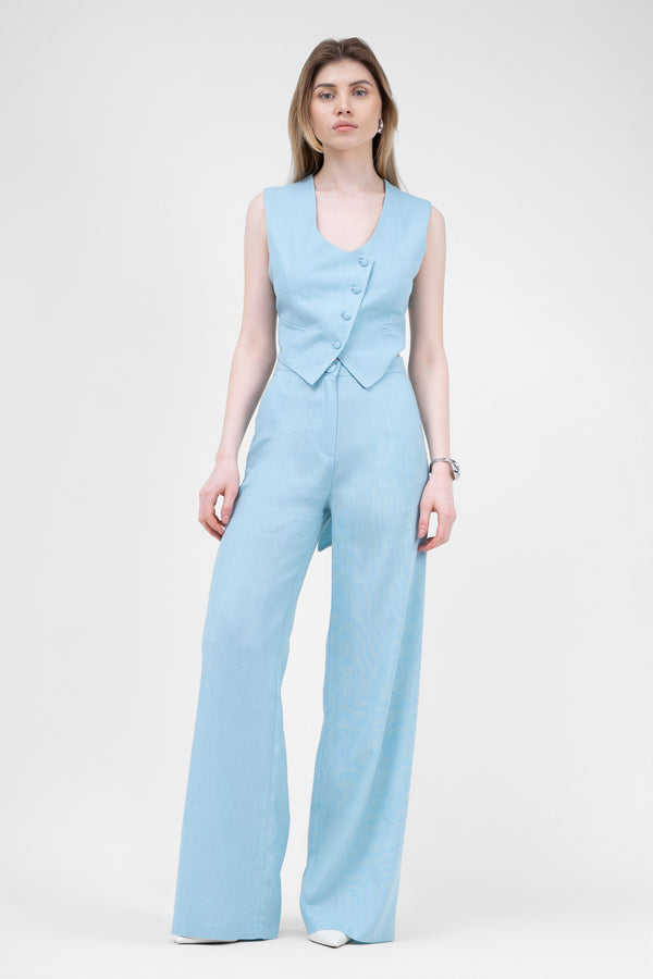 Baby Blue Linen Suit With Cut-Out Vest And Straight-Cut Trousers