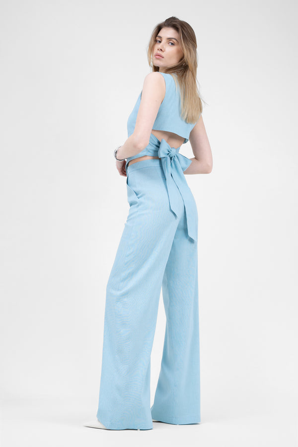 Baby Blue Linen Suit With Cut-Out Vest And Straight-Cut Trousers