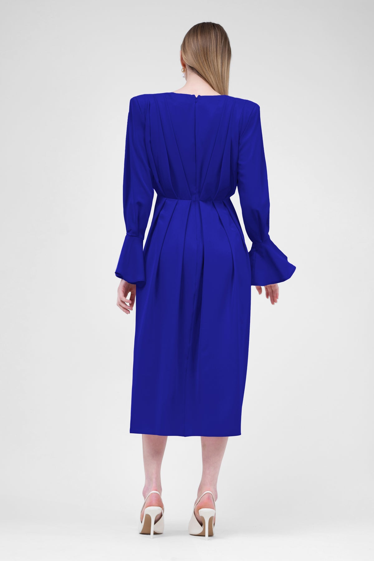 Electric Blue Midi Dress With Pleats And Proeminent Shoulders