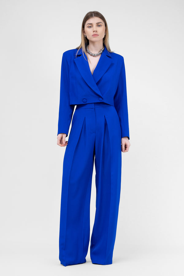 Electric Blue Suit With Cropped Blazer And Ultra Wide Leg Trousers