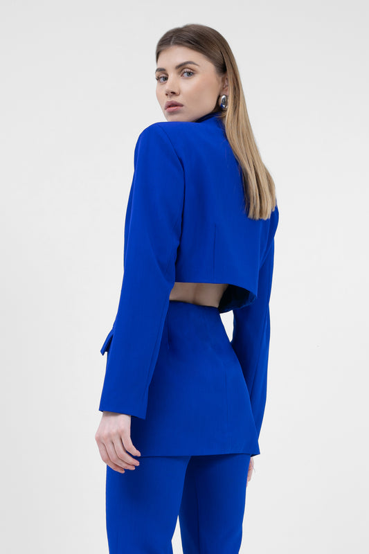 Electric Blue Suit With Blazer With Waistline Cut-Out And Flared Trousers