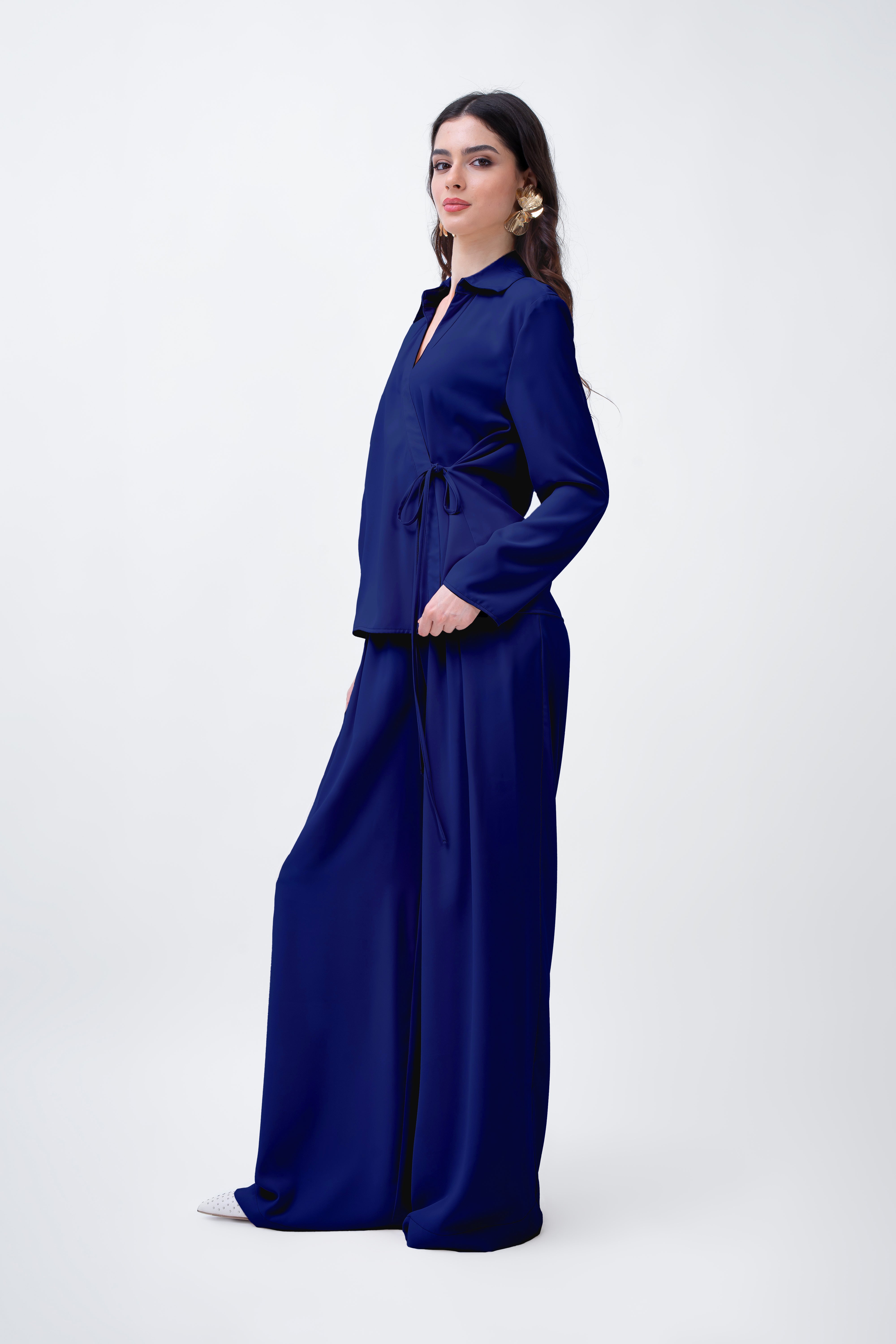 Navy Set With Wrap Blouse And Wide Trousers