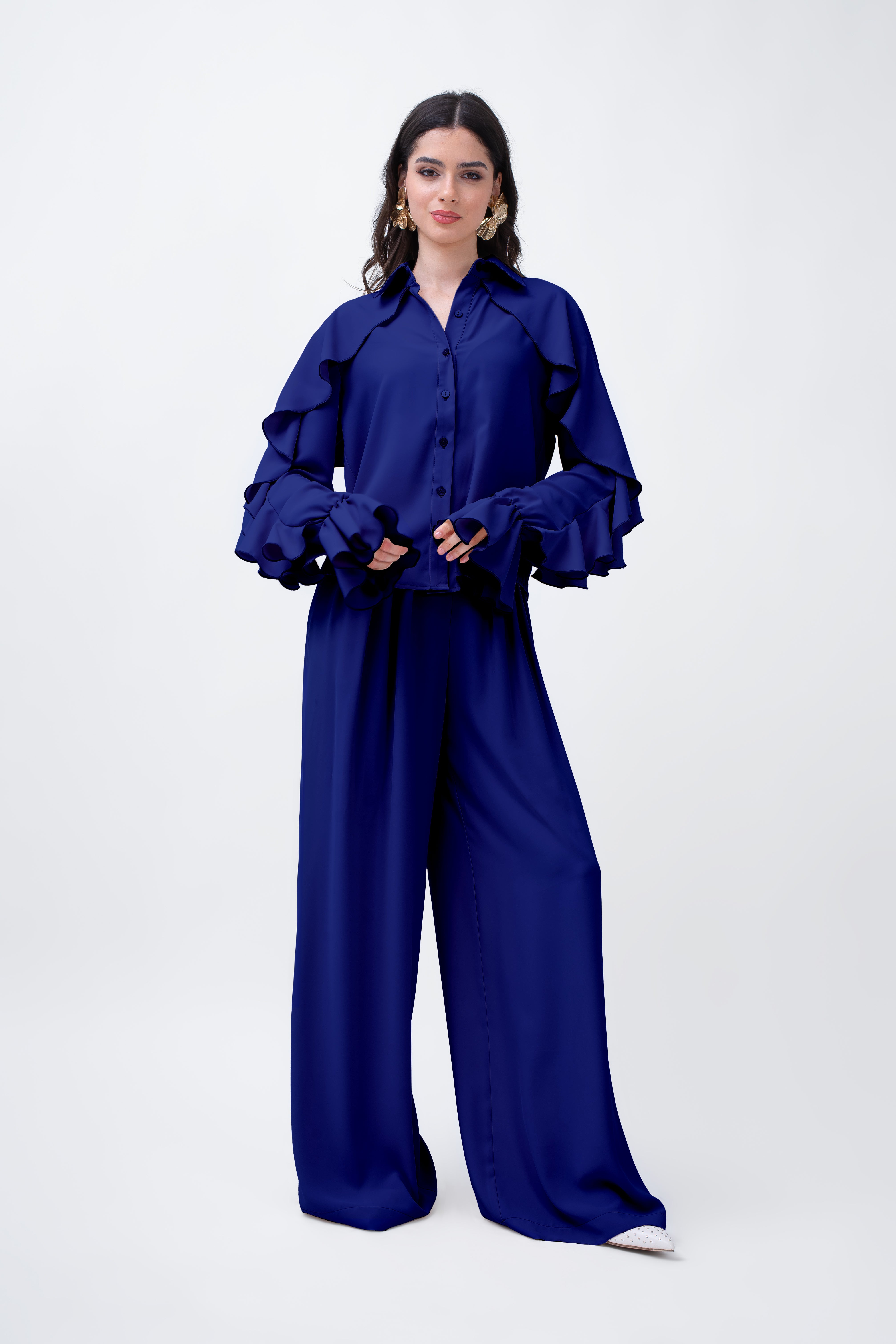 Navy Set With Ruffled Shirt And Wide Leg Trousers