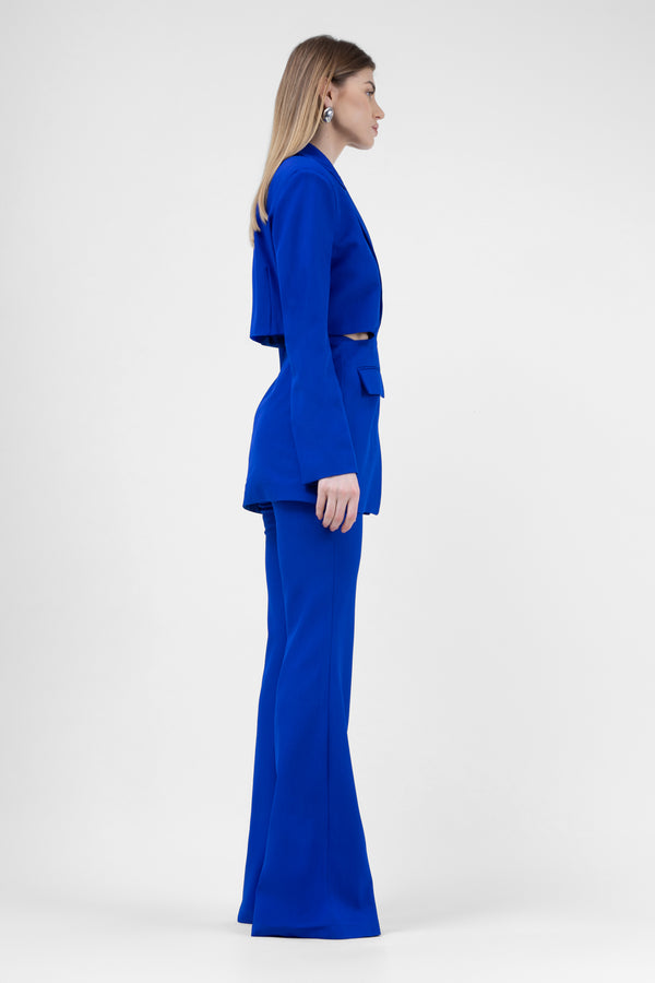 Electric Blue Suit With Blazer With Waistline Cut-Out And Flared Trousers