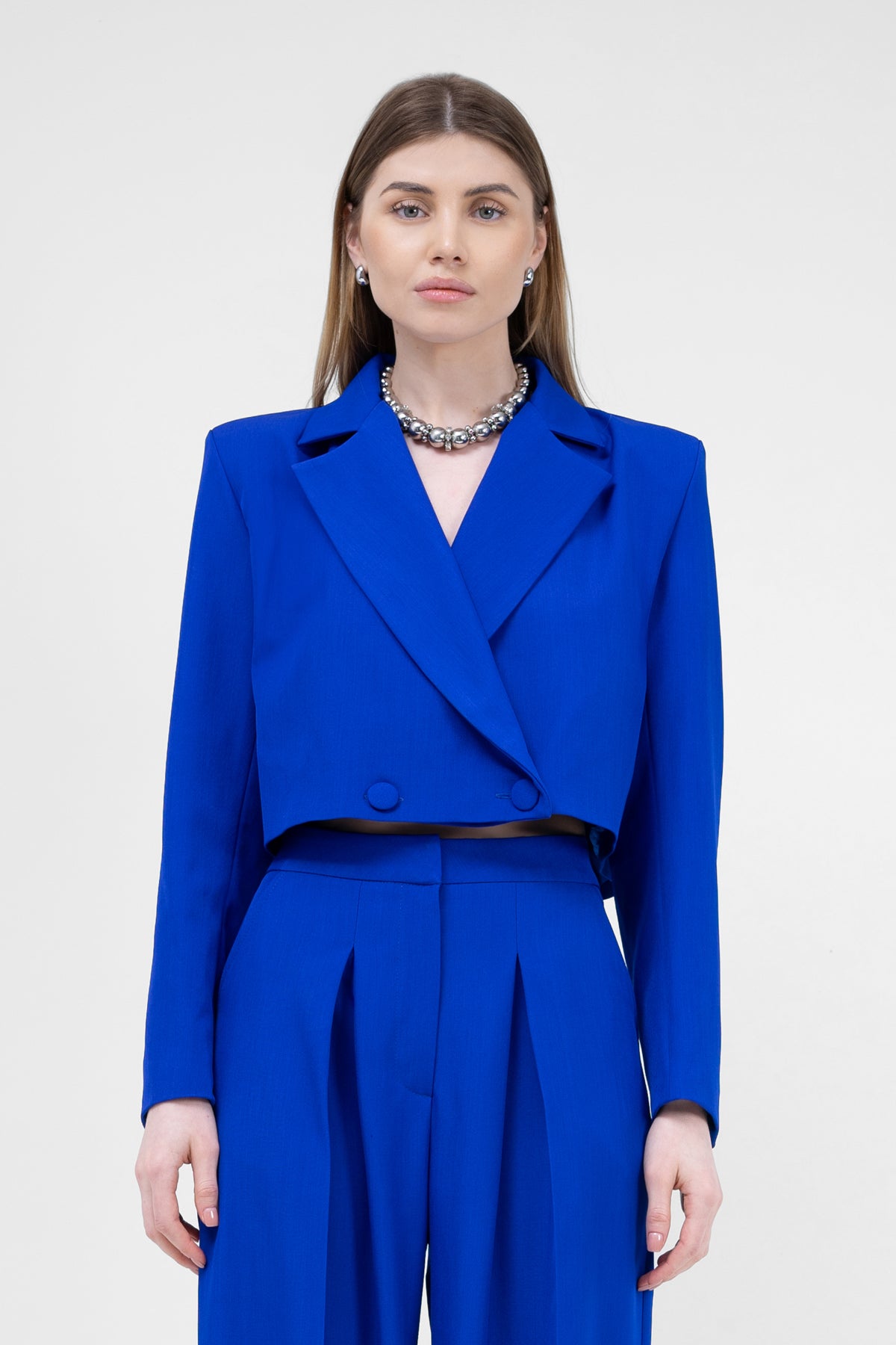 Electric Blue Suit With Cropped Blazer And Ultra Wide Leg Trousers