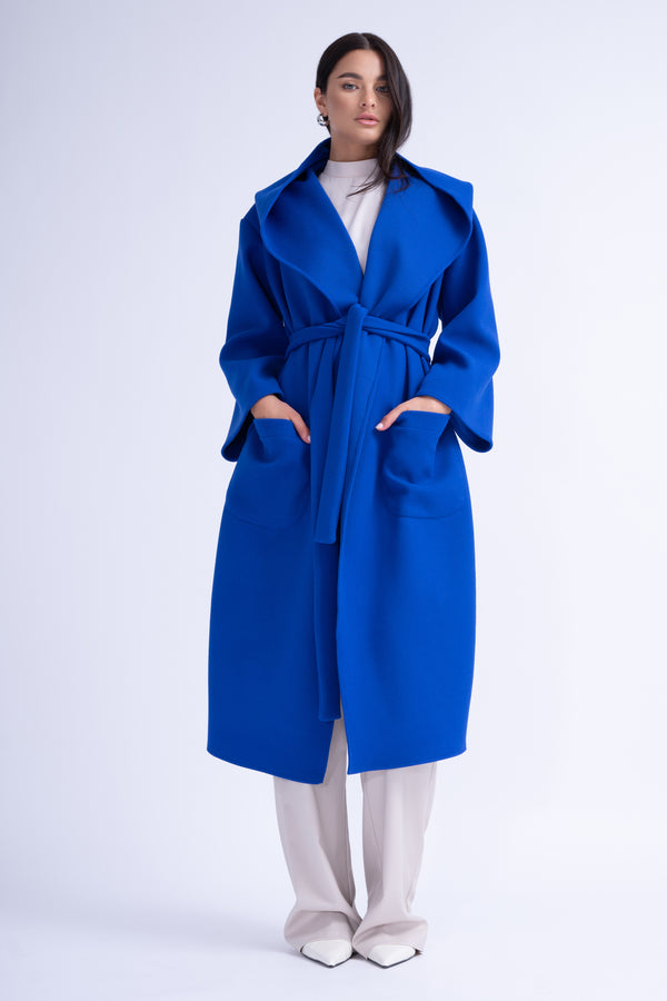 Electric Blue Hooded Coat with Waist Belt