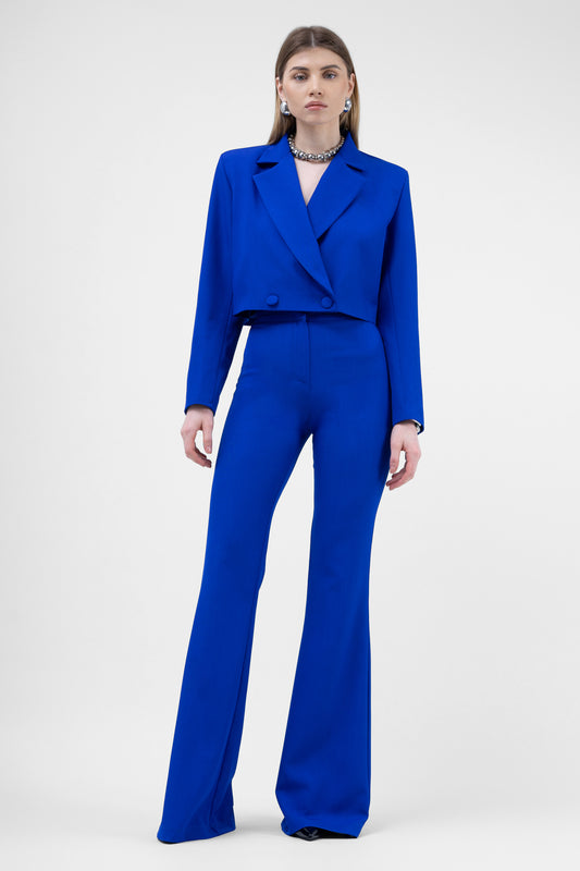 Electric Blue Suit With Cropped Blazer And Flared Trousers