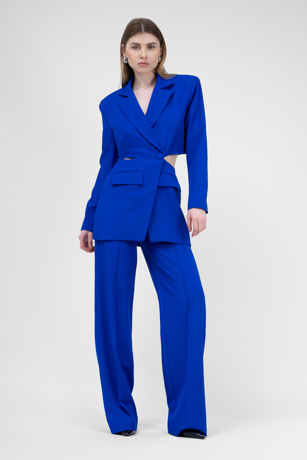 Electric Blue Suit With Blazer With Waistline Cut-out And Stripe Detail Trousers