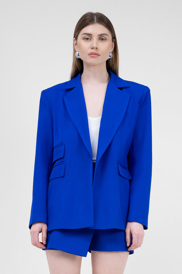 Electric Blue Suit With Regular Blazer With  Double Pocket And Skort