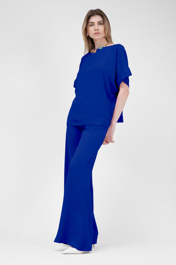 Electric Blue Set With Blouse And Flared Trousers