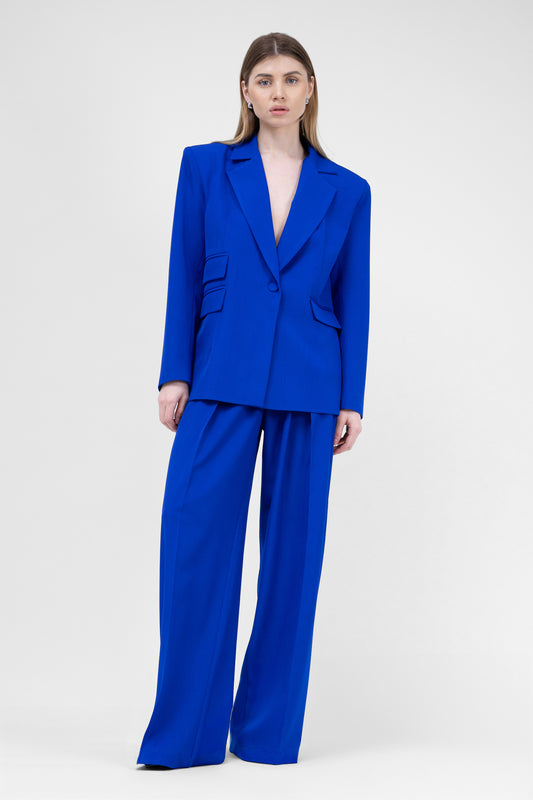 Electric Blue Suit With Regular Blazer With Double Pocket And Ultra Wide Leg Trousers