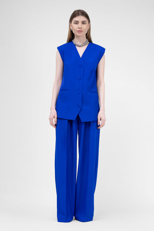 Electric Blue Suit With Oversized Vest And Wide Leg Trousers