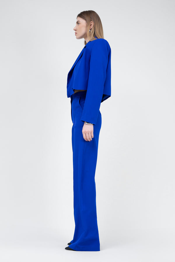 Electric Blue Suit With Cropped Blazer And Stripe Detail Trousers