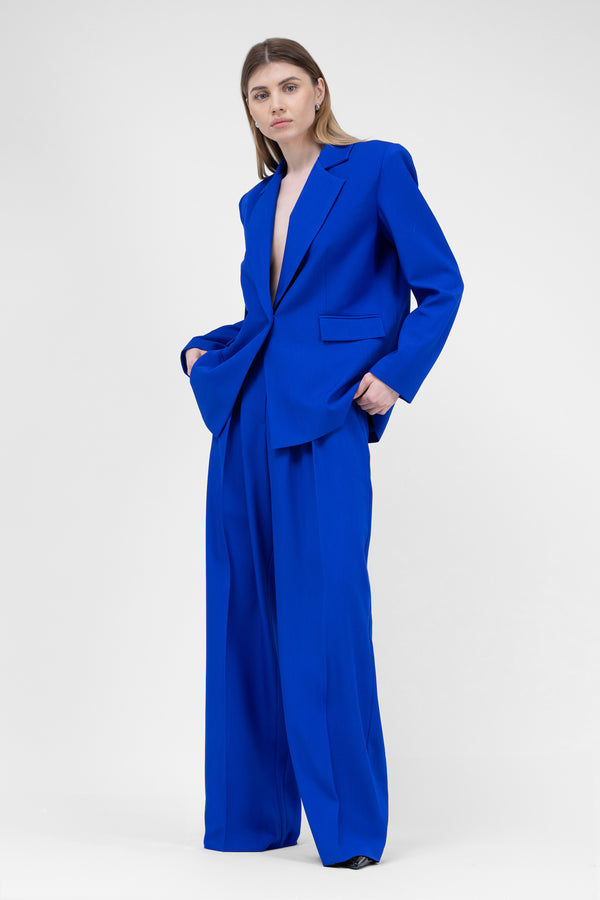 Electric Blue Suit With Regular Blazer With Double Pocket And Ultra Wide Leg Trousers