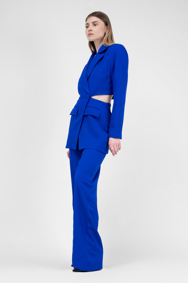 Electric Blue Suit With Blazer With Waistline Cut-out And Stripe Detail Trousers