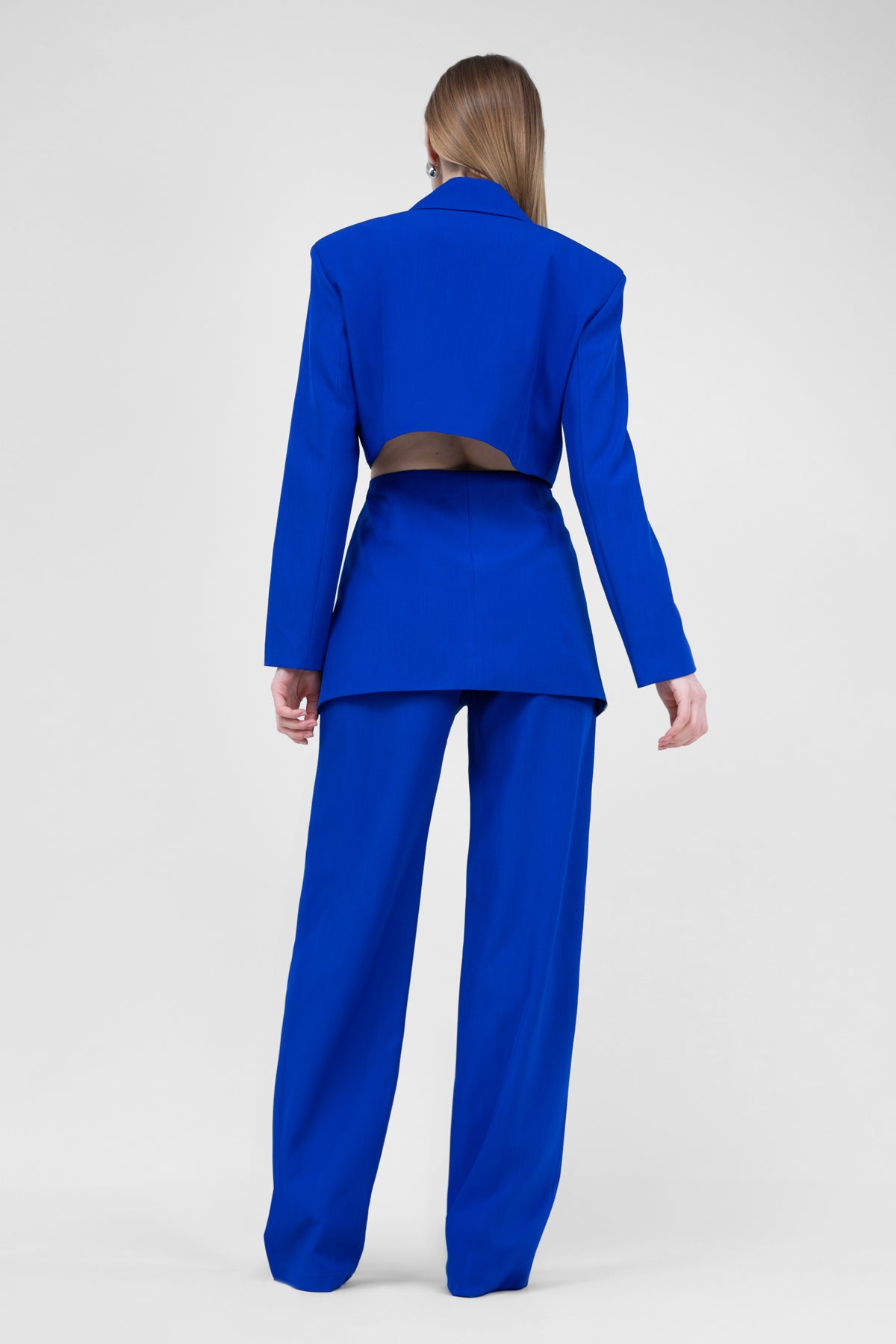 Electric Blue Suit With Blazer With Waistline Cut-out And Stripe Detail Trousers