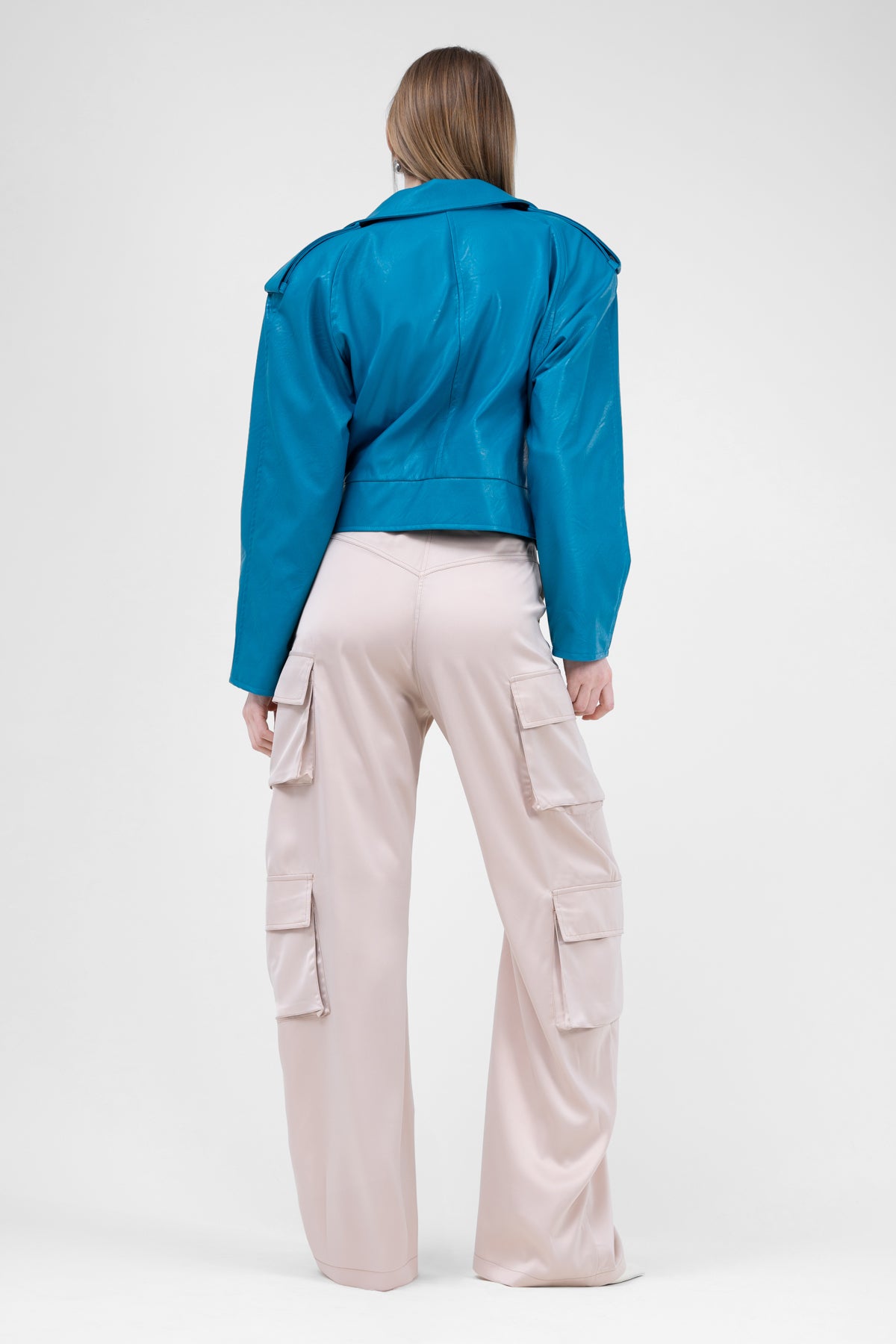 Jacheta biker din ecopiele turcoaz