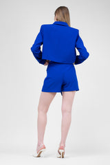 Costum albastru electric cu sacou cropped si fusta pantalon