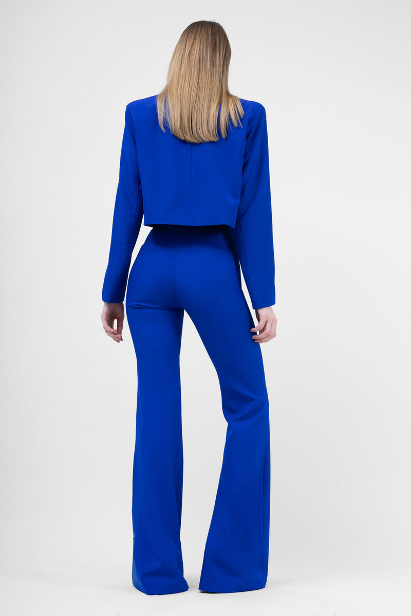 Electric Blue Suit With Cropped Blazer And Flared Trousers