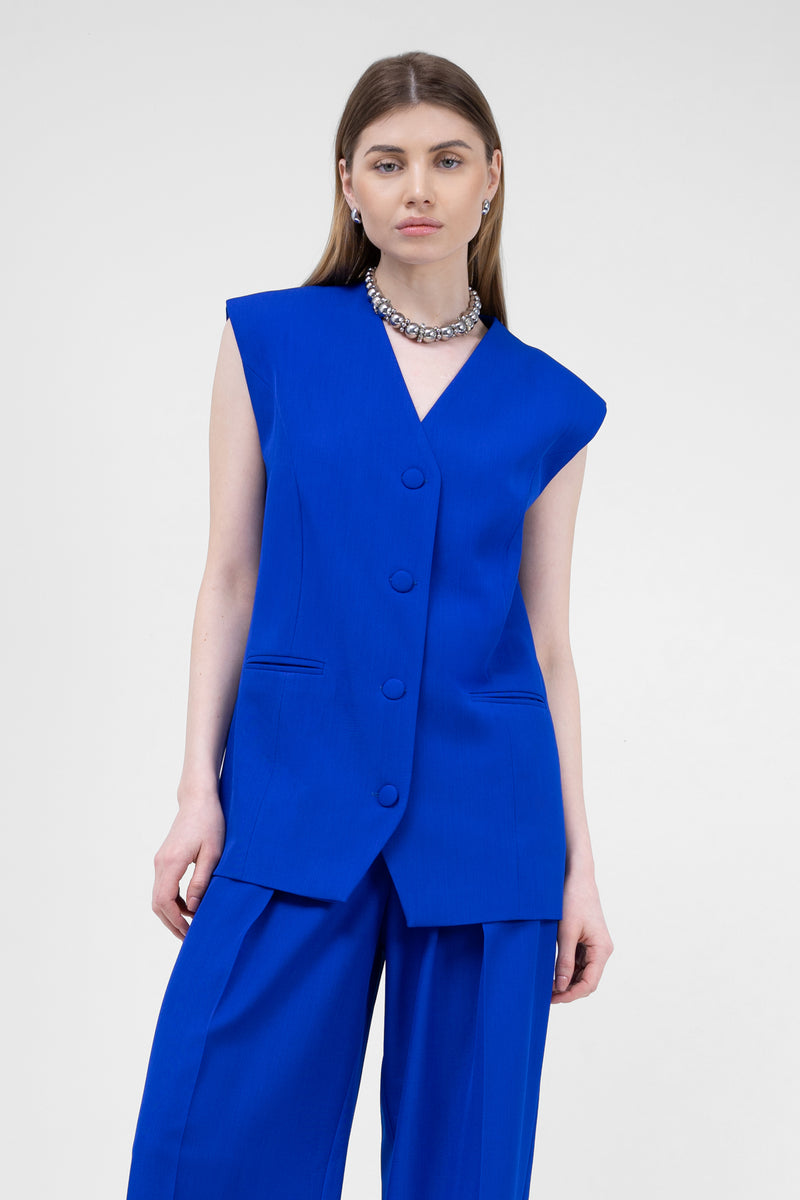 Electric Blue Suit With Oversized Vest And Wide Leg Trousers