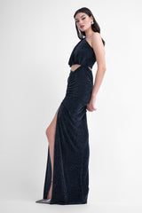 Maxi asymmetrical dress with silver details and cut-outs