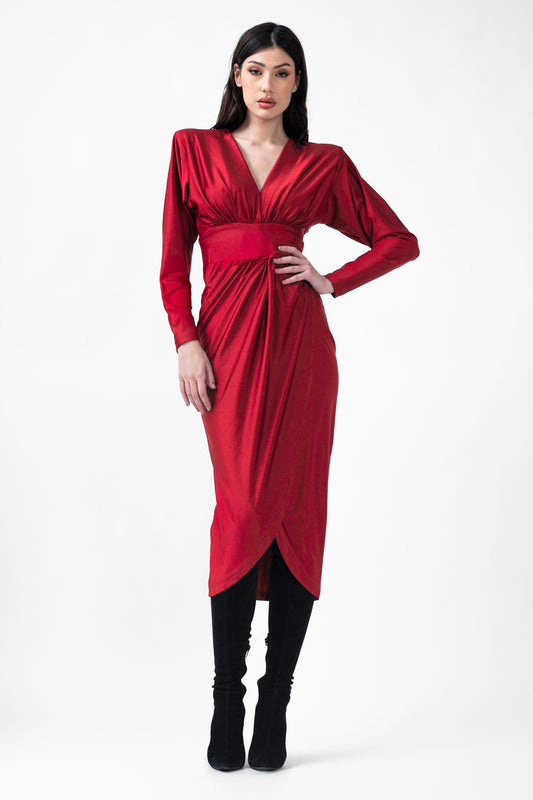 Red Midi Dress With Corset And V-Neck