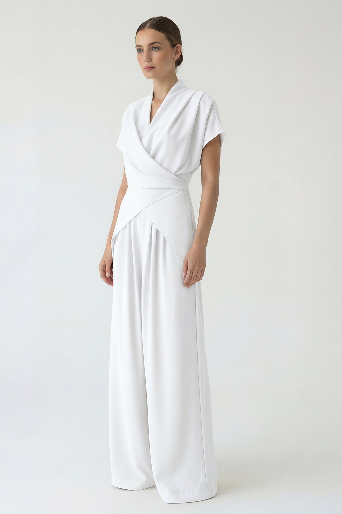 White fluid set with a wrap top and wide-leg trousers