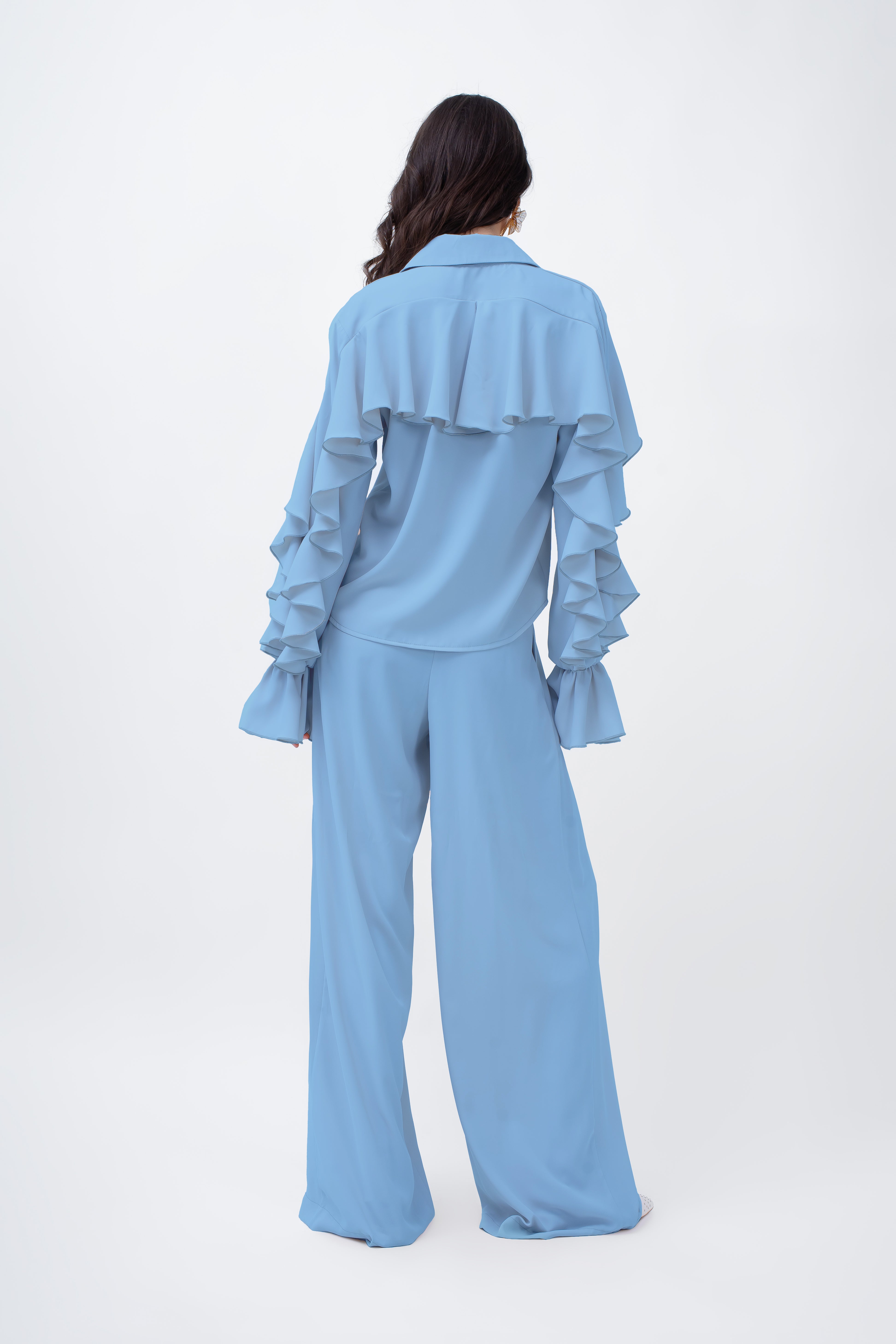 Baby Blue Set With Ruffled Shirt And Wide Leg Trousers