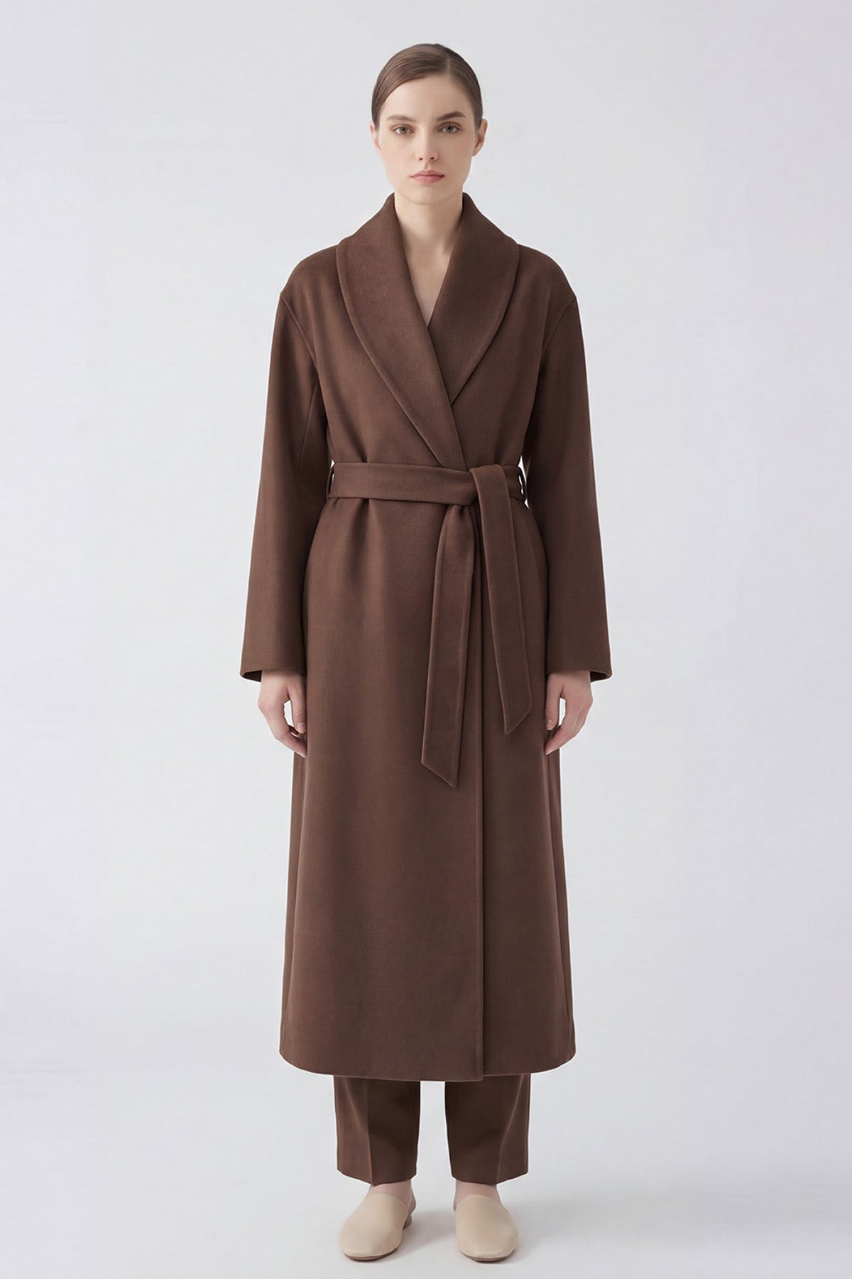 Palton lung cu revere rotunjite din amestec de lână - culoare maro