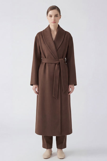 Palton lung cu revere rotunjite din amestec de lână - culoare maro
