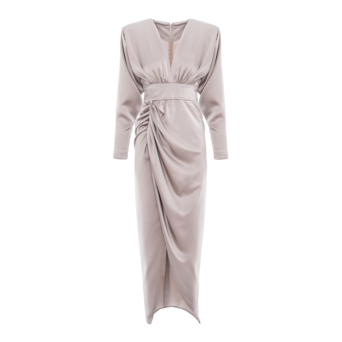 Taupe Long Sleeve Wrap Dress with Side Draping