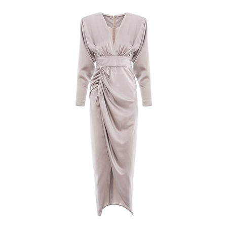 Taupe Long Sleeve Wrap Dress with Side Draping